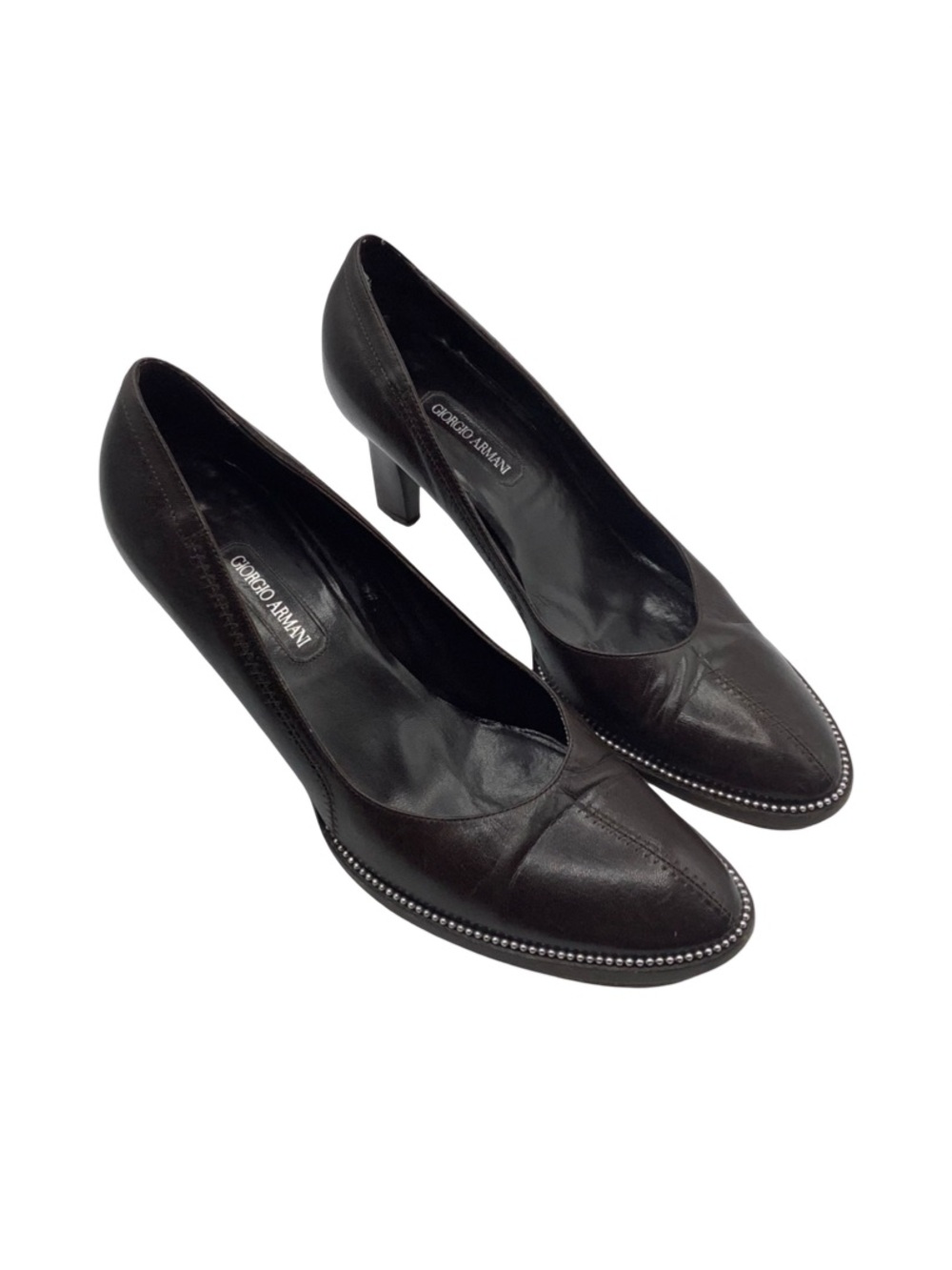 Giorgio Armani Dark Brown Almond Toe Leather Pumps Designer Mid Heel Shoes 36.5